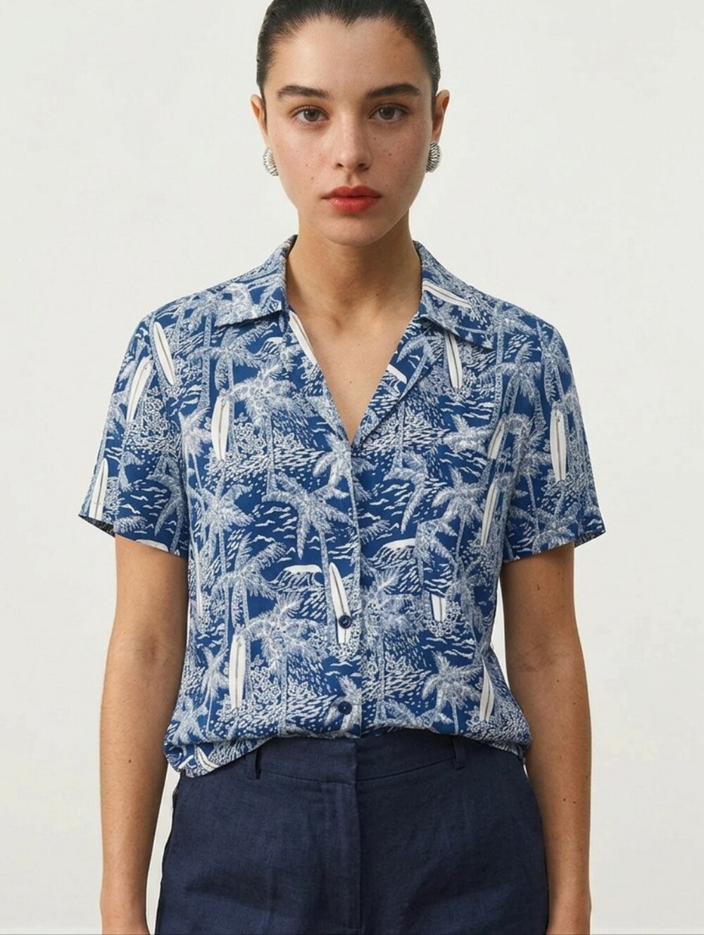 Reformation Cuba Button Down Shirt Short Sleeve Tropical Print Blue Size S